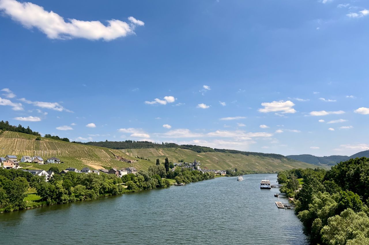 Die Mosel fotografiert von einer Brücke mit Lieser und Weinbergen.