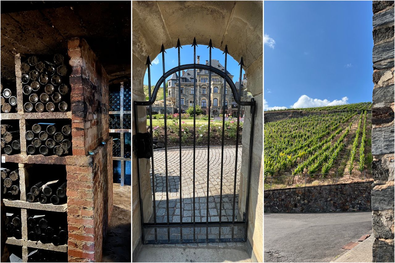 Eine Collage mit einem Weinkeller und alten Flaschen, Schloss Lieser und Mosel Schieferweinbergen.